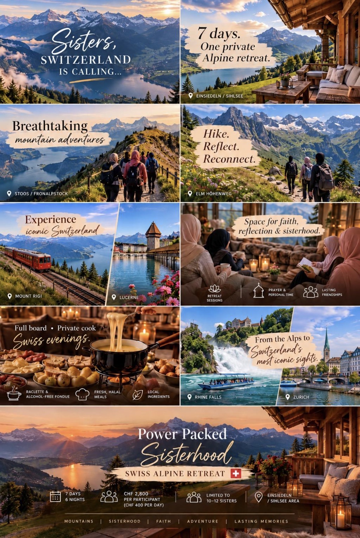 Power Packed Sisterhood Swiss Alpine Retreat poster with Alpine chalet, mountain hikes, halal dining and Swiss destinations