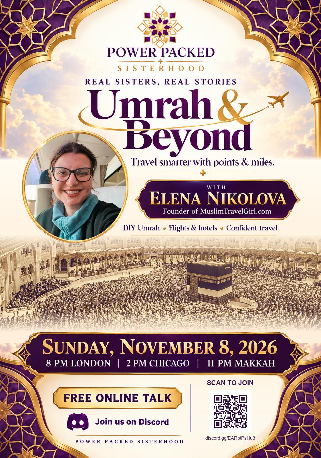 Umrah & Beyond poster — Real Sisters, Real Stories with Elena Nikolova, Sunday November 8, 2026
